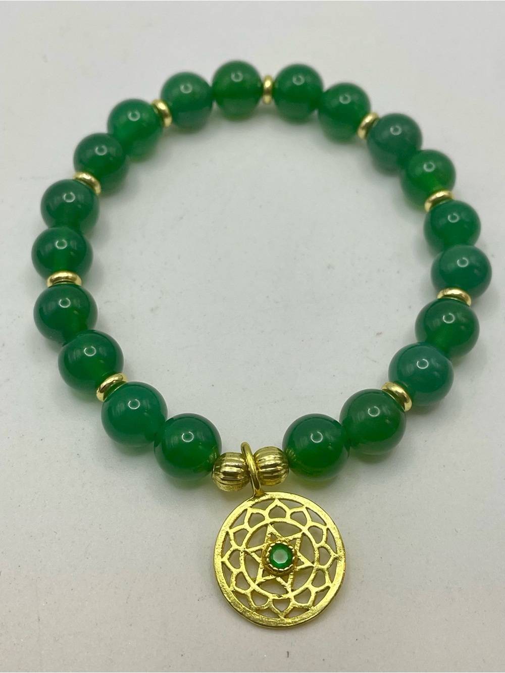 Green Chalcedony Beaded Gemstone Bracelet with Gold Charm. 4th Chakra-Love.